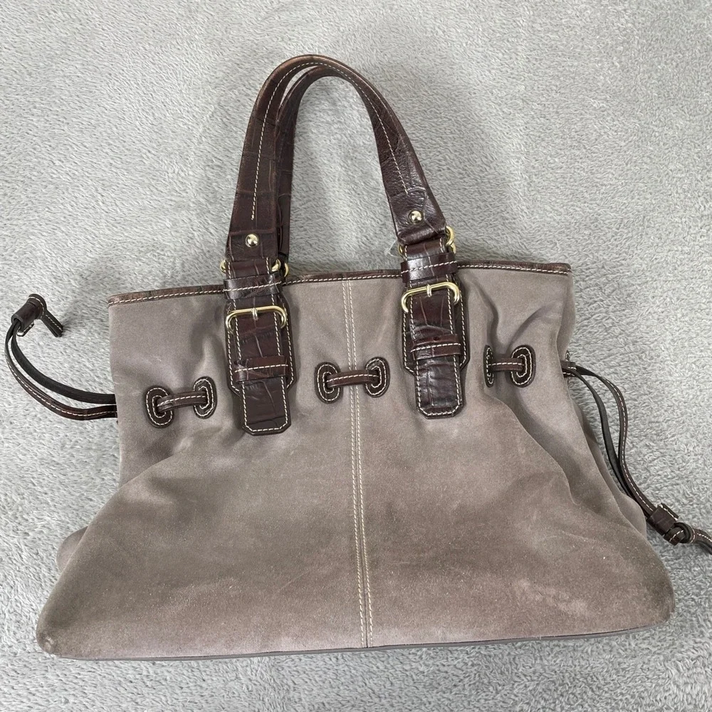 Dooney & Bourke Tote Bag Womens Gray Suede Brown Croc Leather Trim Buckle Hobo - Picture 5 of 13